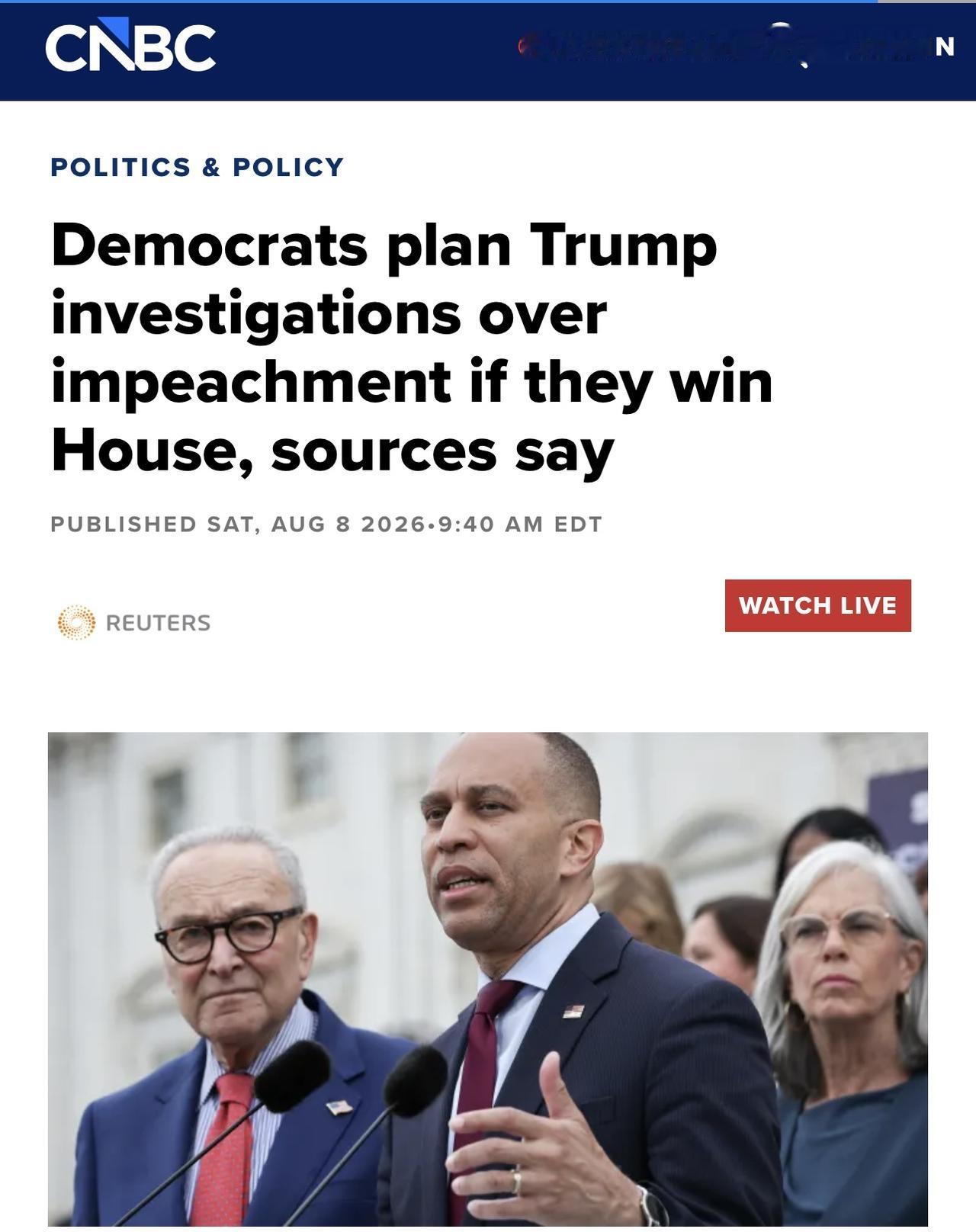 消息人士称，如果民主党人赢得众议院，他们计划对特朗普进行弹劾调查