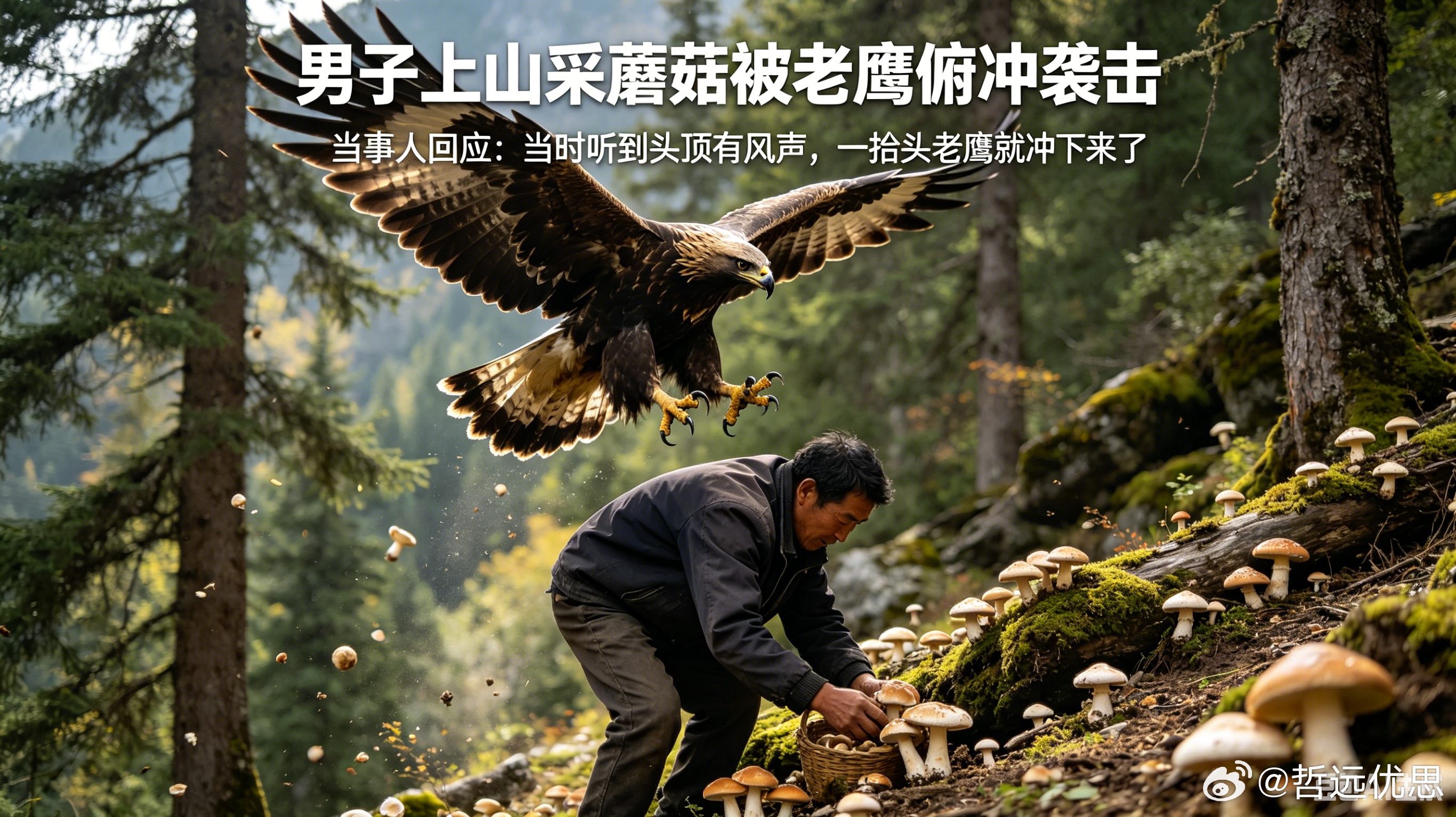男子上山采蘑菇被老鹰俯冲袭击当事人回应采蘑菇被老鹰俯冲袭击 近日，重庆铜梁一男子