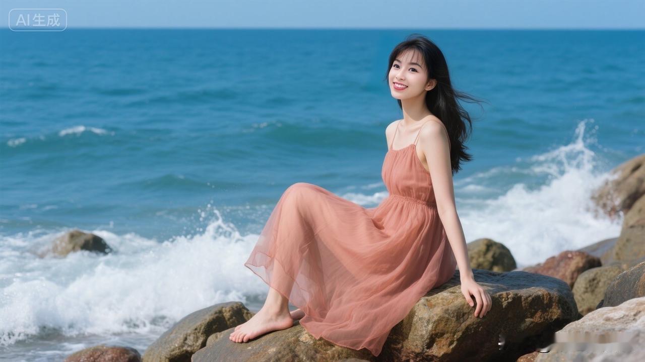 海边姑娘笑得真灿烂。