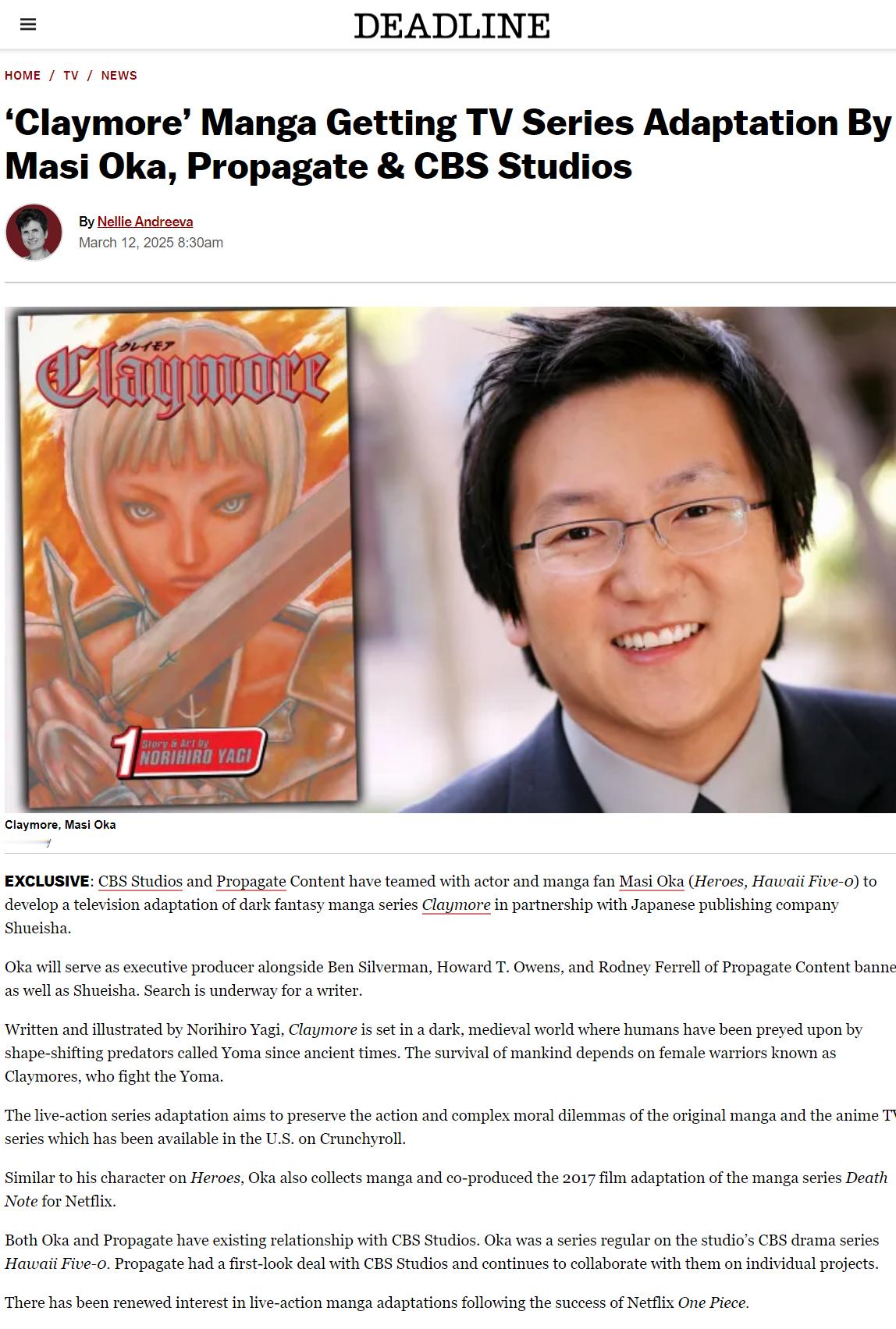 据Deadline独家消息：《大剑》（Claymore）真人电视剧化2017年制