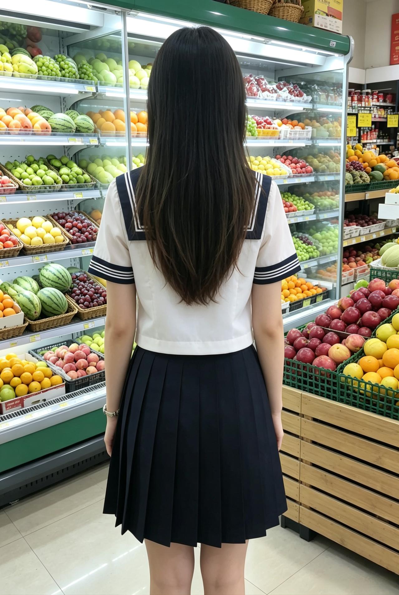 你背身而立
长发如瀑垂落
看不到你的眉眼
却能从裙裾的弧度里
读懂温柔
连货架上