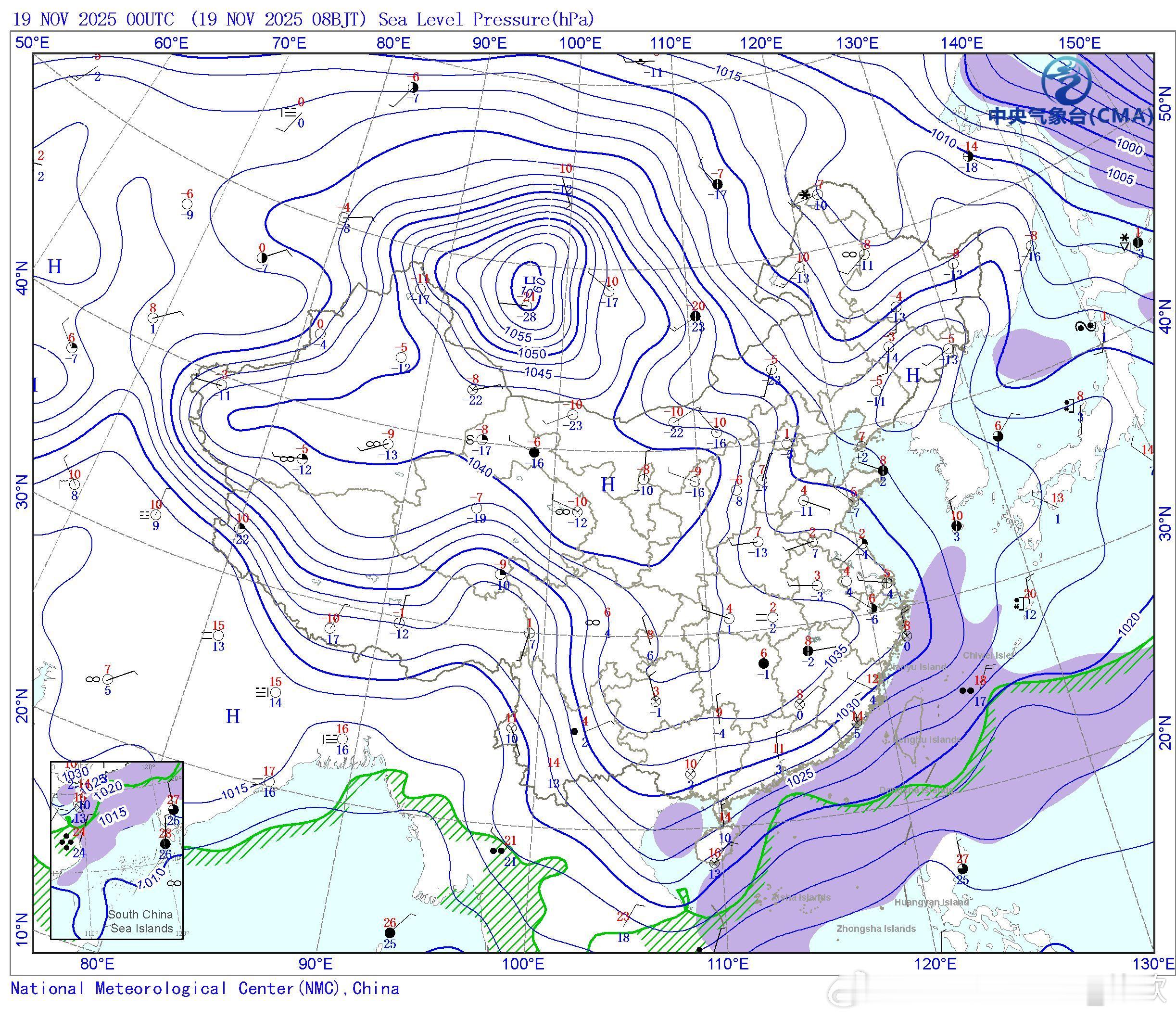 从今天实况监测看，本轮寒潮南下程度以及深入云南的程度，都是同期少见的。冷空气向南