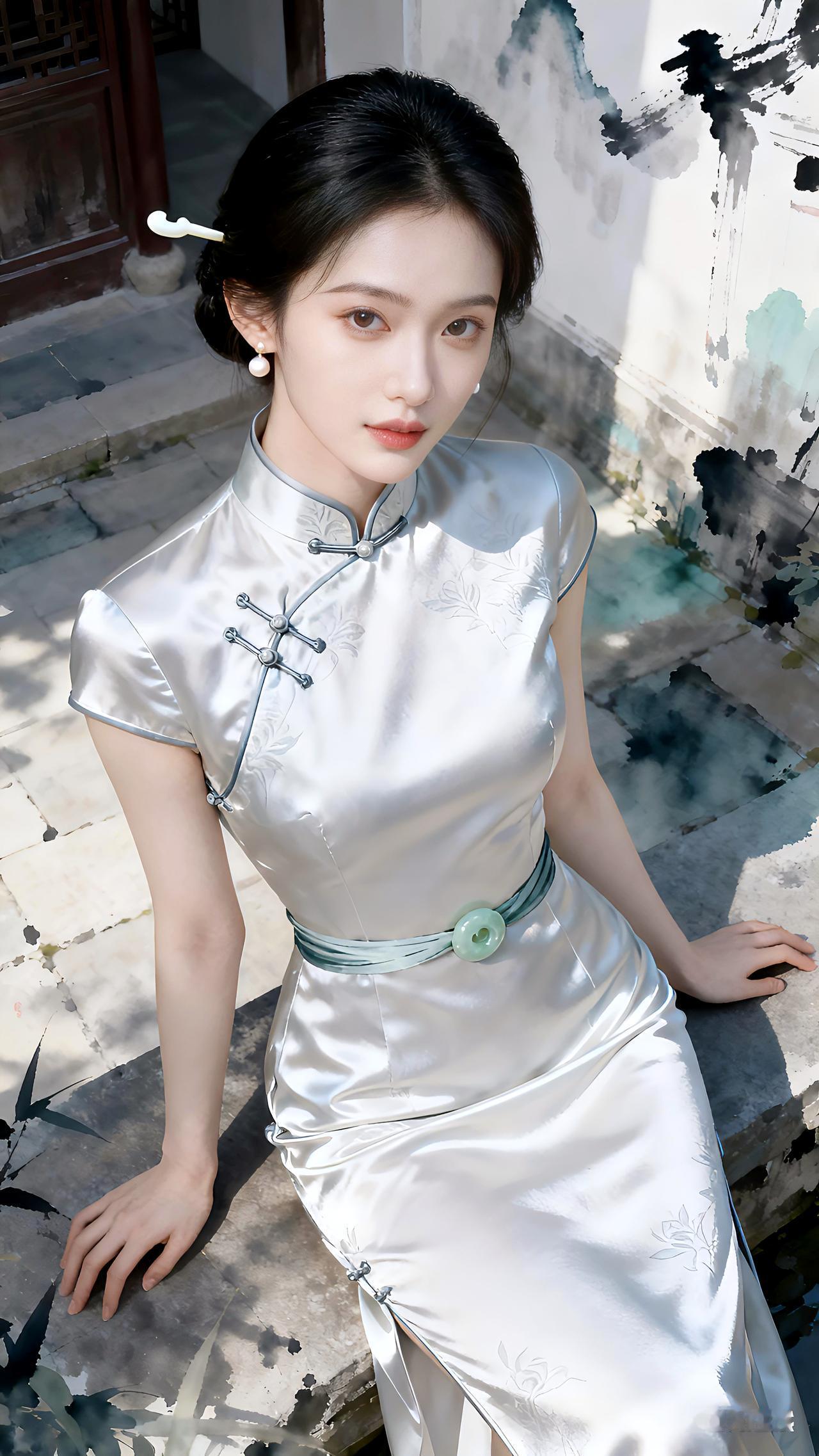 水墨庭中旗袍影，冷光映雪韵悠然