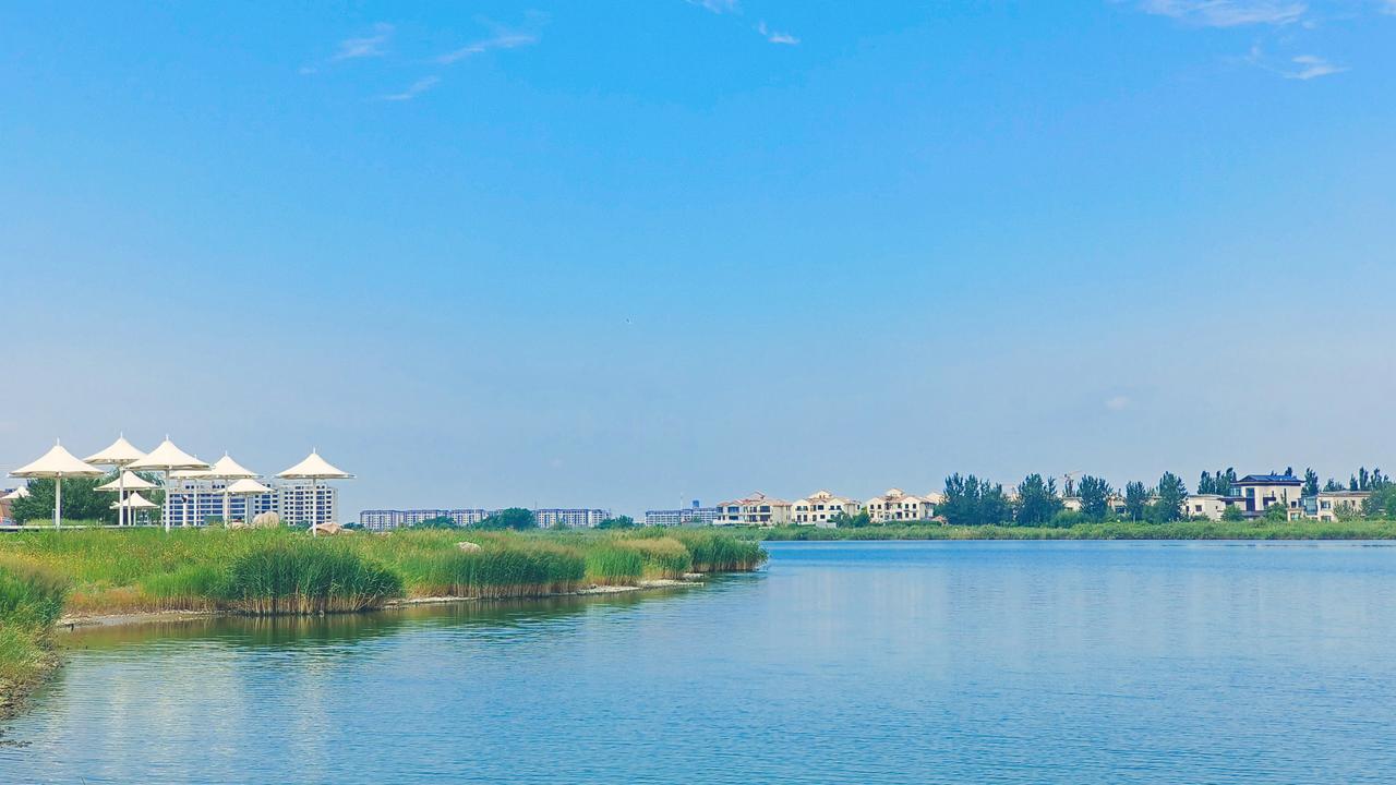 湛湛蓝天白云飘，
粼粼河水碧波摇，
满园绿意沁心扉，
一览风光愁自消。
