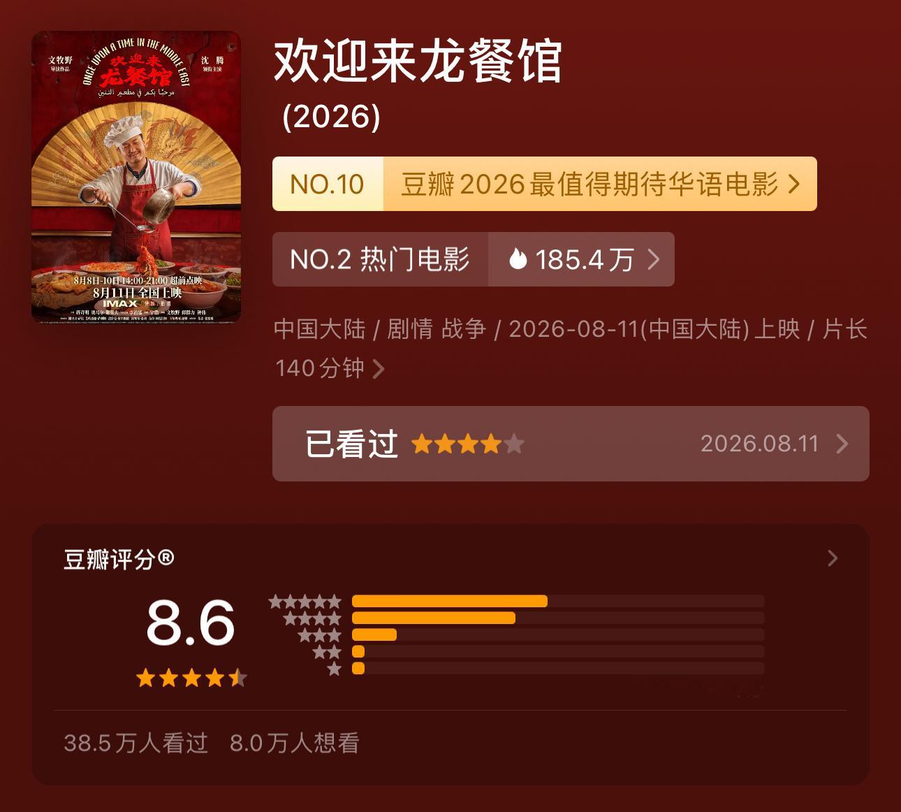 沈腾《欢迎来龙餐馆》豆瓣涨到8.6分，年度最高分👍🏻 