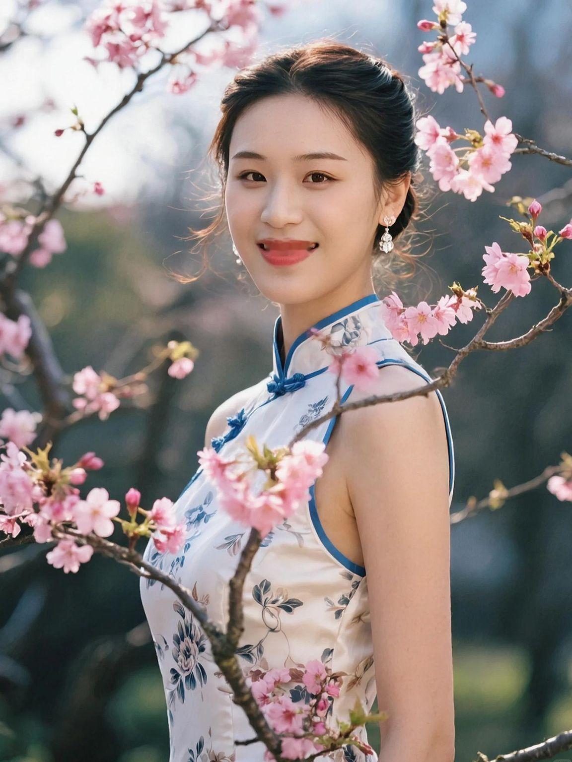 在樱花盛开的季节，旗袍与花海交织成一幅古典与现代交融的画卷。淡雅的色彩，细腻的纹