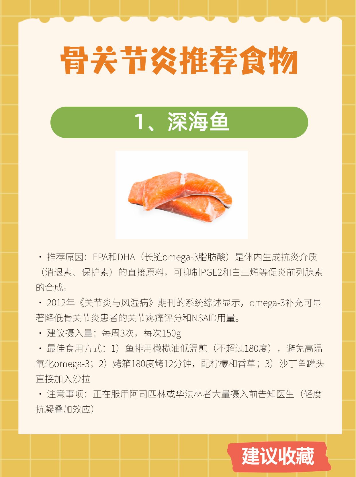 适合骨关节炎的8类食物
骨关节炎的核心病理是慢性低度炎症。
饮食的作用不是"修复
