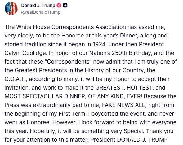 特朗普：白宫记者协会非常客气地邀请我担任今年晚宴的荣誉嘉宾。这项历史悠久的传统始