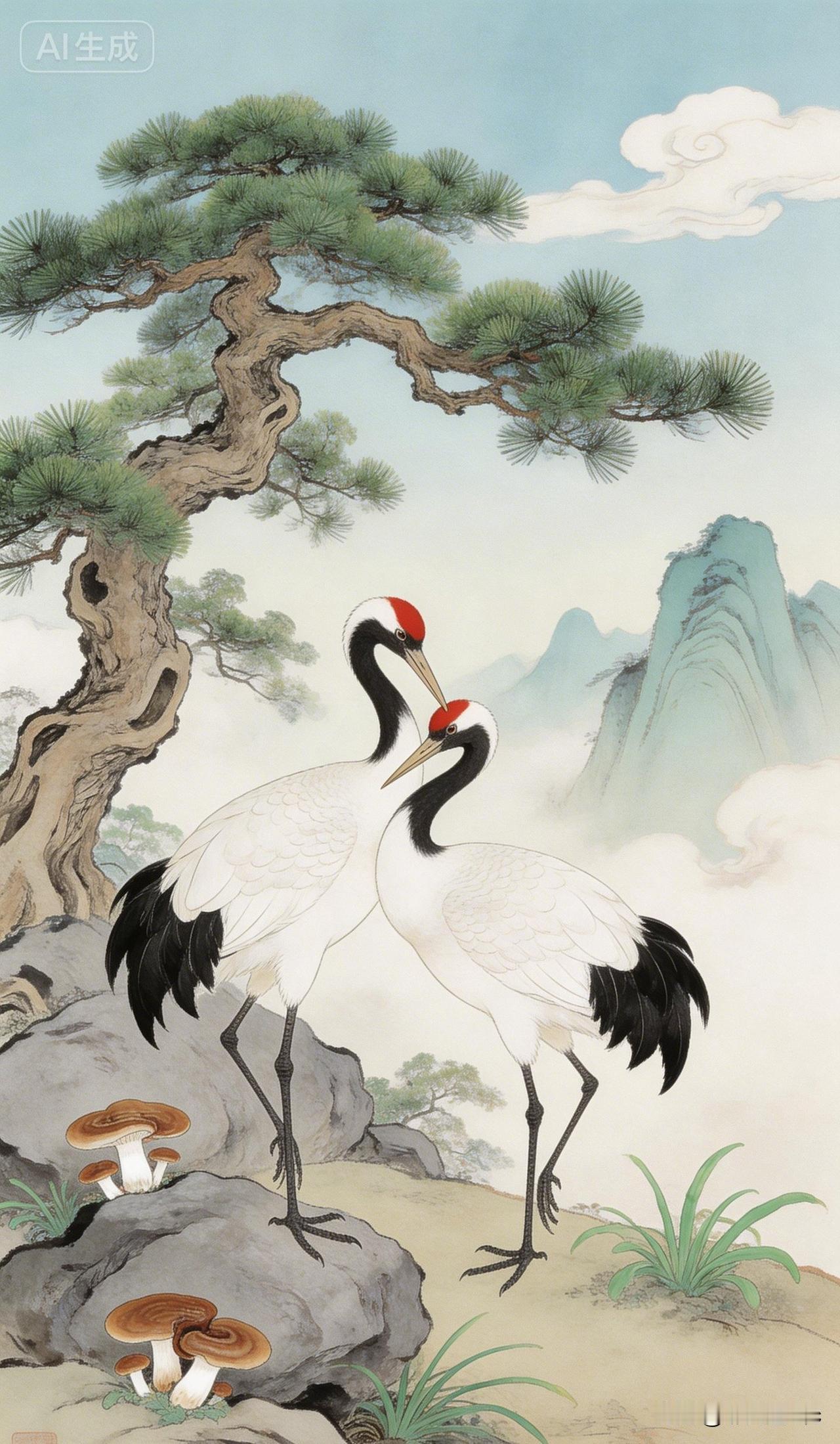 松鹤图
 
苍柏盘云起，丹顶照清岚。
双禽偎石畔，一径入烟岚。
松老含霜骨，芝灵