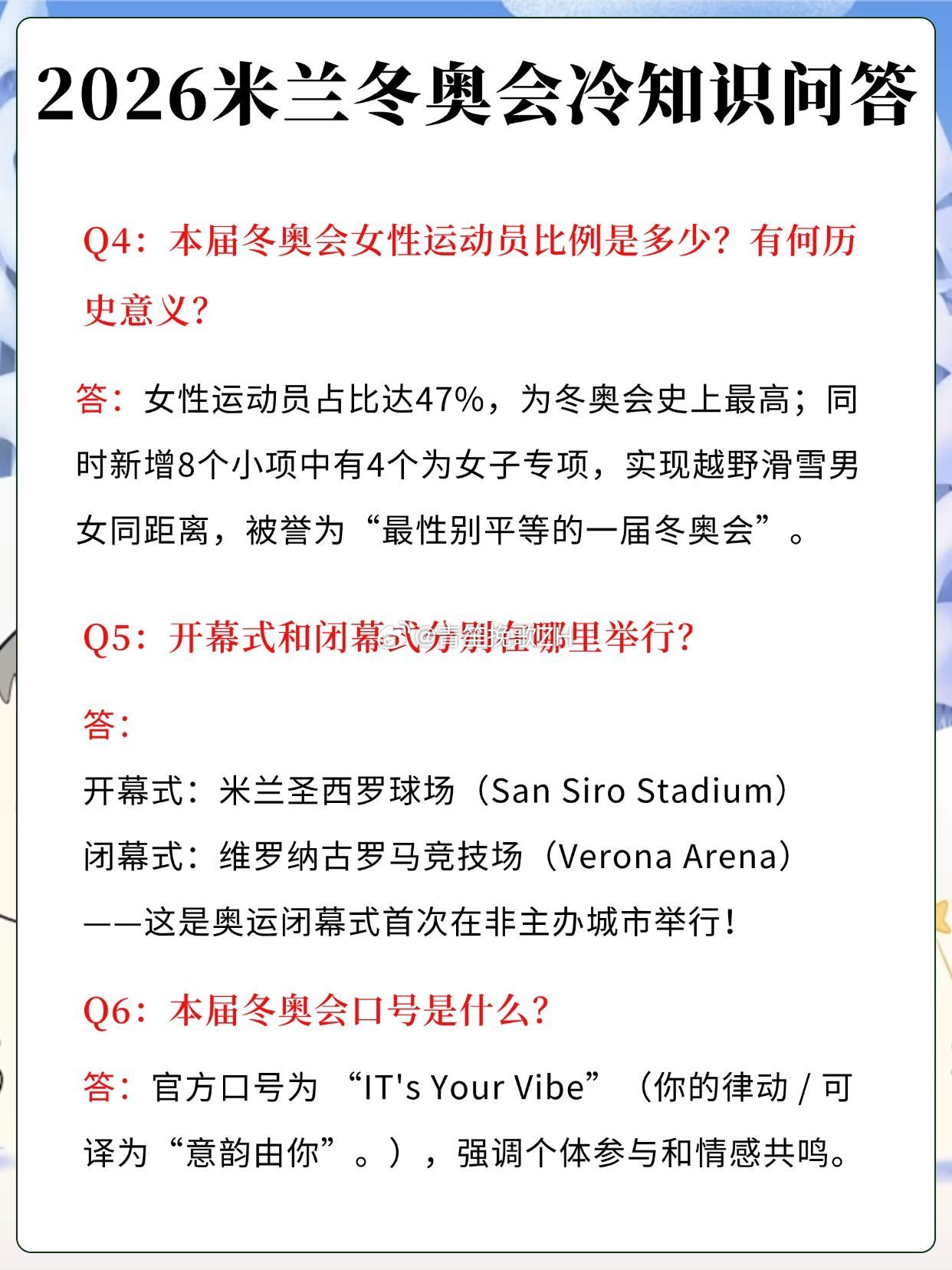 2026米兰冬奥会冷知识问答氢能火炬传递成为本届冬奥会的一大亮点，呼应着“人类之