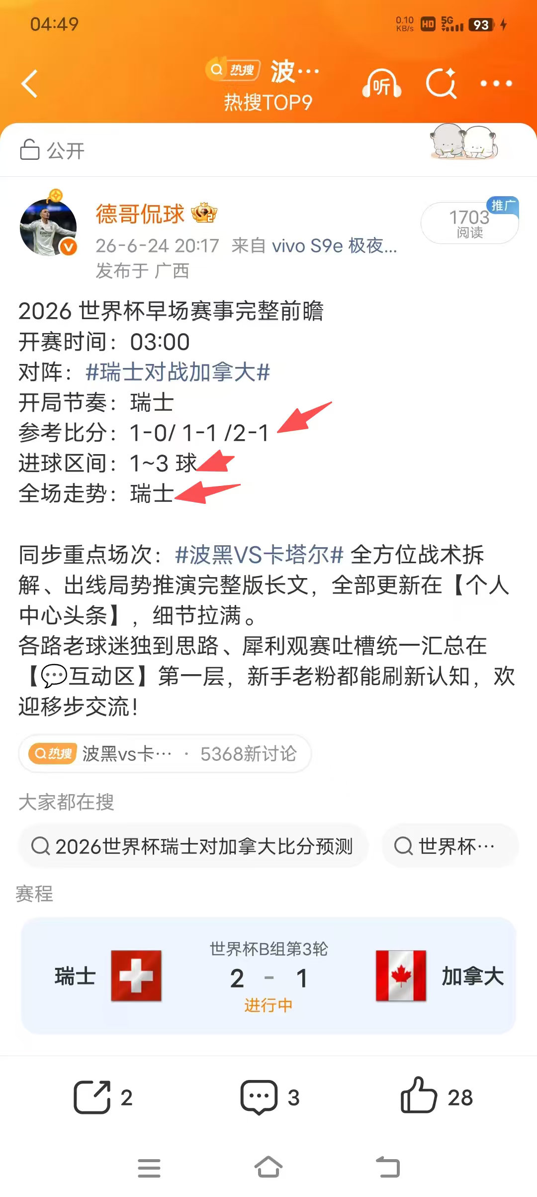 瑞士vs加拿大  6 月 25 日 03:00，世界杯 B 组头名争夺战落下帷幕