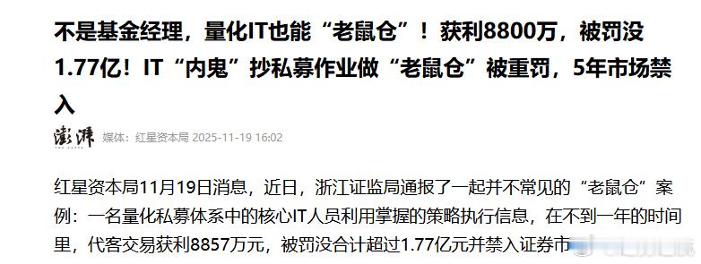 浙江证监局通报了量化大佬梁文锋旗下的罪犯林某某的“老鼠仓”案例。赚了8800万，