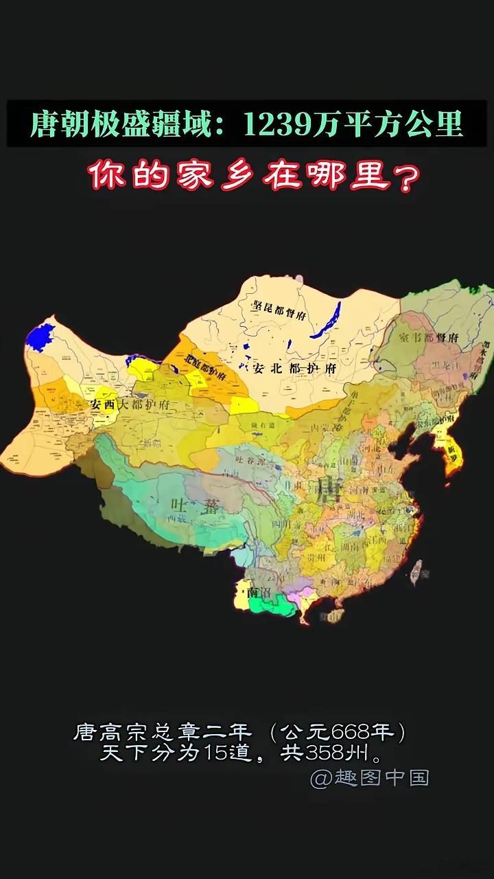 唐朝极盛疆域：1239万平方公里。你在唐朝哪个州？唐高宗总章二年(公元668年)