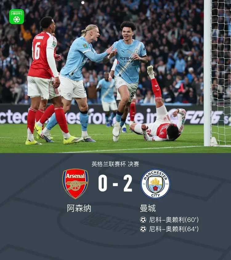 曼城2-0阿森纳夺第9座英联杯！奥赖利双响，凯帕送礼北京时间3月23日0:30，