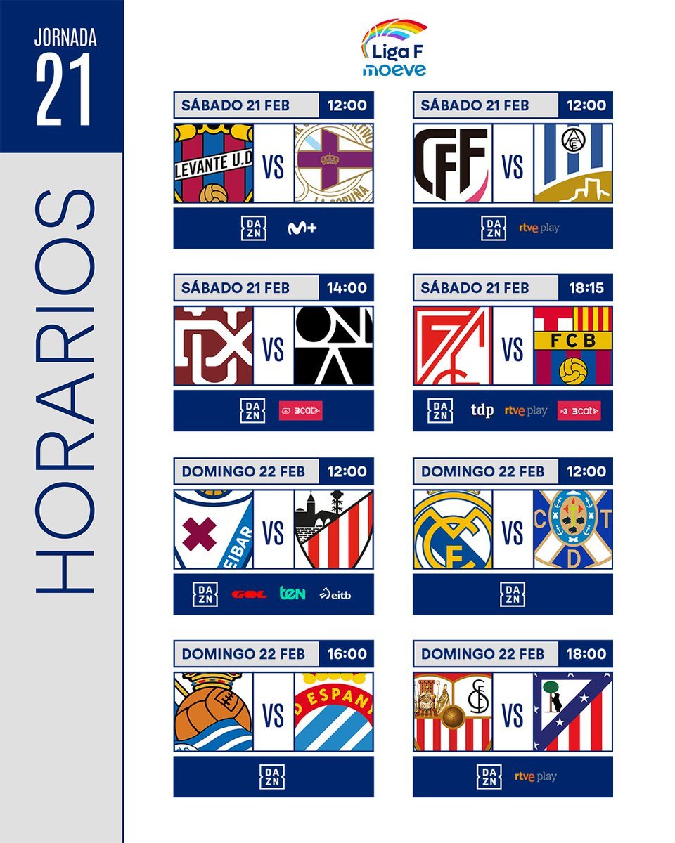 好消息，本轮Liga F总共8场比赛有5场有免费公开直播，其中今天4场比赛有3场