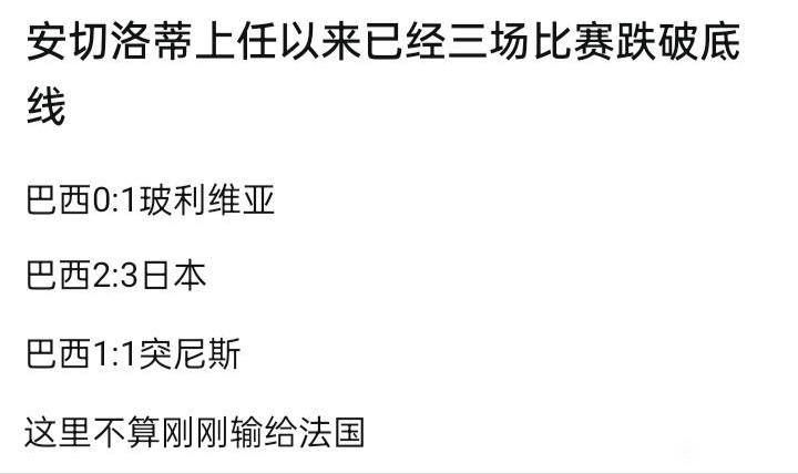 巴西拿不到世界杯冠军，安切洛蒂光环就没了。

最近带队成绩一般，输了不少比赛。