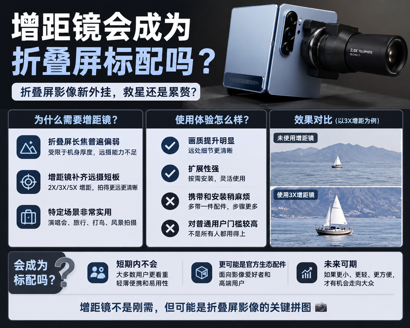 我觉得不会成为标配，但会成为一部分人的刚需。折叠屏最大的短板一直是长焦，增距镜确