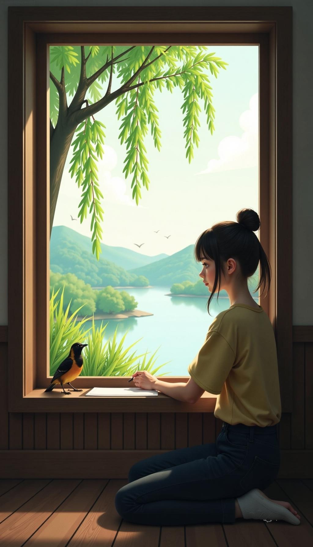 七律·春窗遣兴
 
小窗闲坐听莺啼，柳色新匀绿满堤。
风卷残云归远岫，雨余芳草接