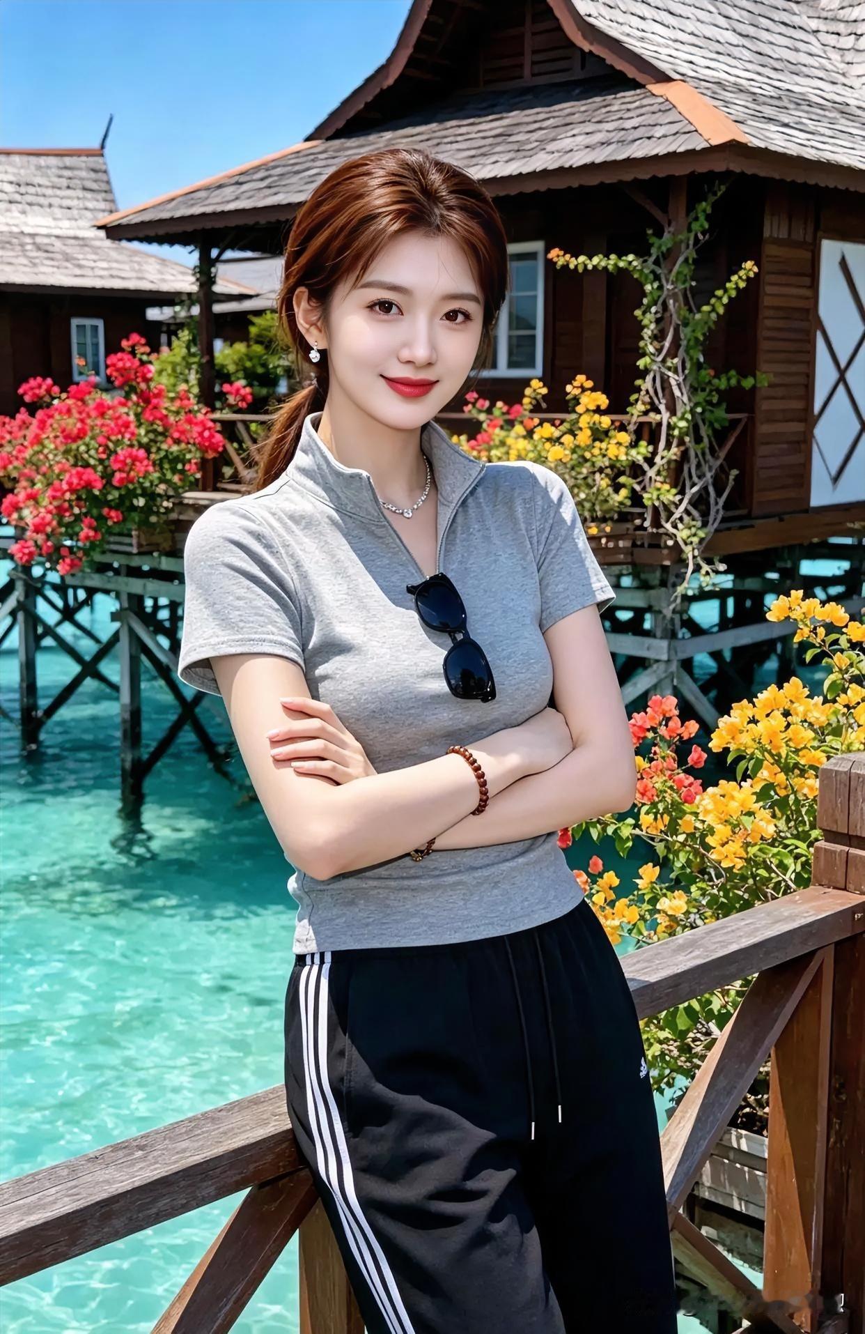 澄澈水畔，木阁花影相映。她抱臂而立，浅灰上衣衬着活力，墨裤白纹添灵动。阳光吻过发