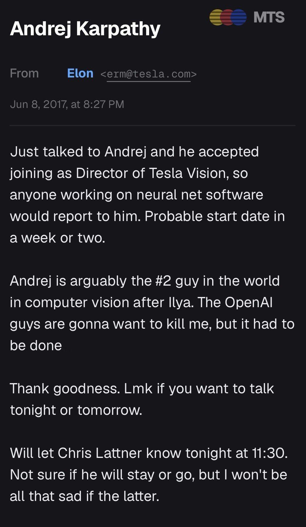 今天 Andrej Karpathy 官宣加盟 Anthropic，MTS 曝出