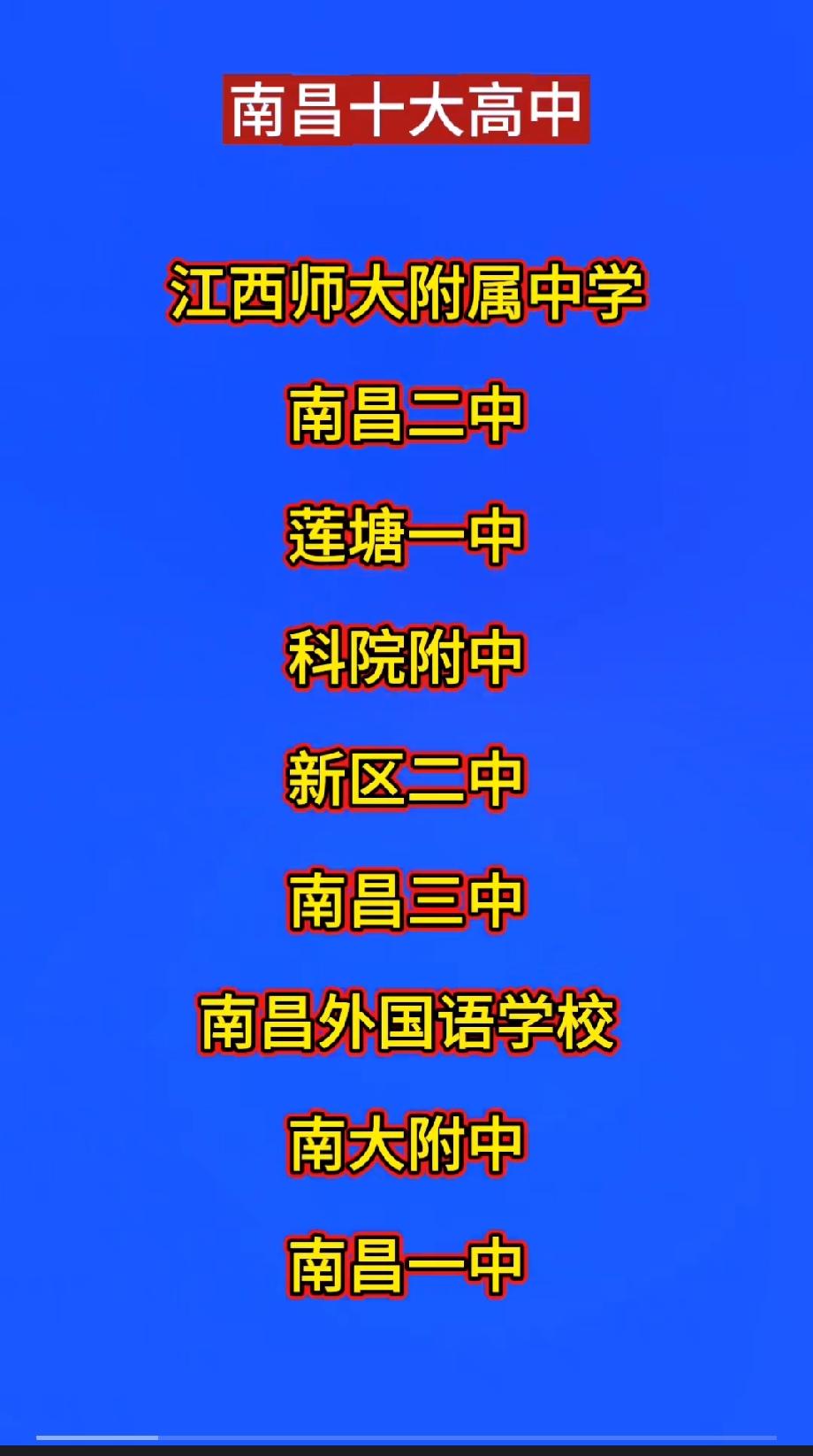 南昌十大高中

江西师大附属中学

南昌二中

莲塘一中

科院附中

新区二中