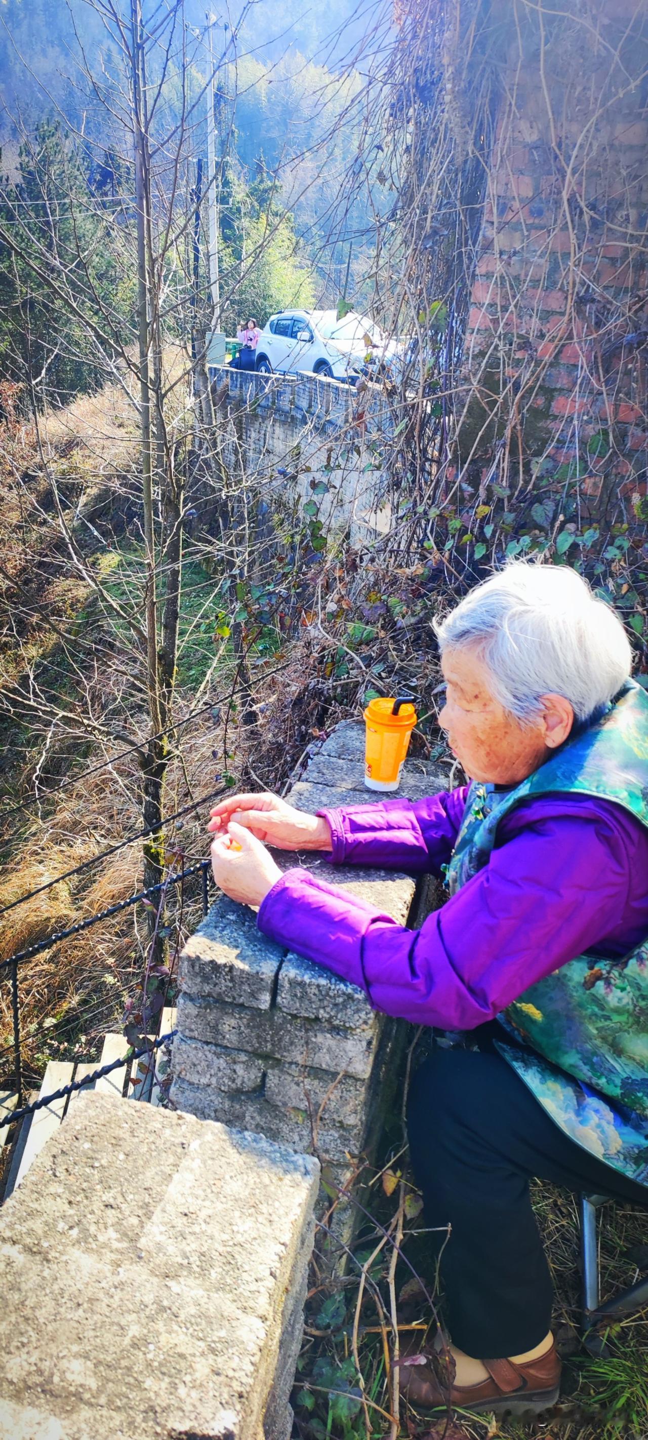 冬日生活打卡季大妈搬个板凳，坐在路边的挡坡处，静静地望着天下的美好...“从对面