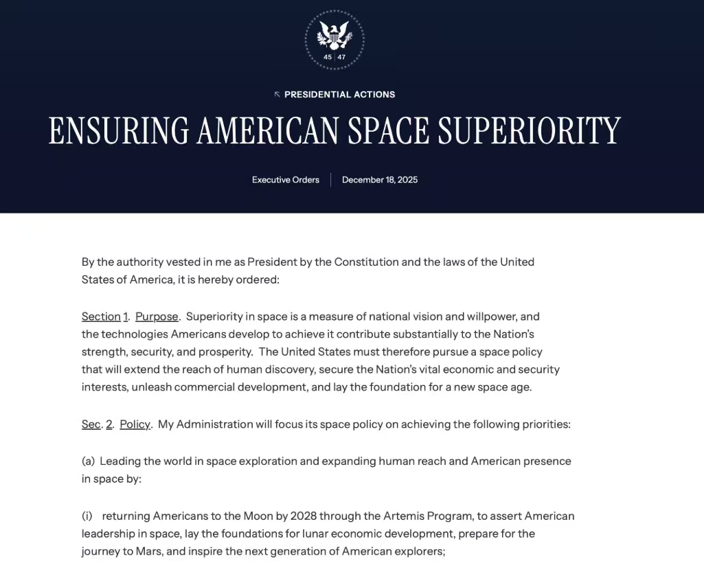 特朗普签署了一项行政命令，要求美国将在2028年前登陆月球，并且在2030年前建