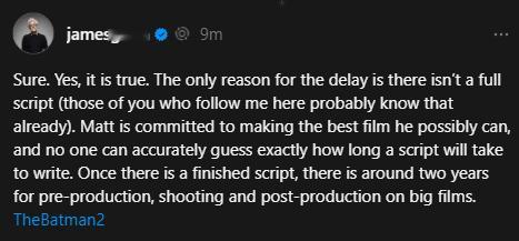 蝙蝠侠2再次延期一年，滚导回应剧本还没写完。 