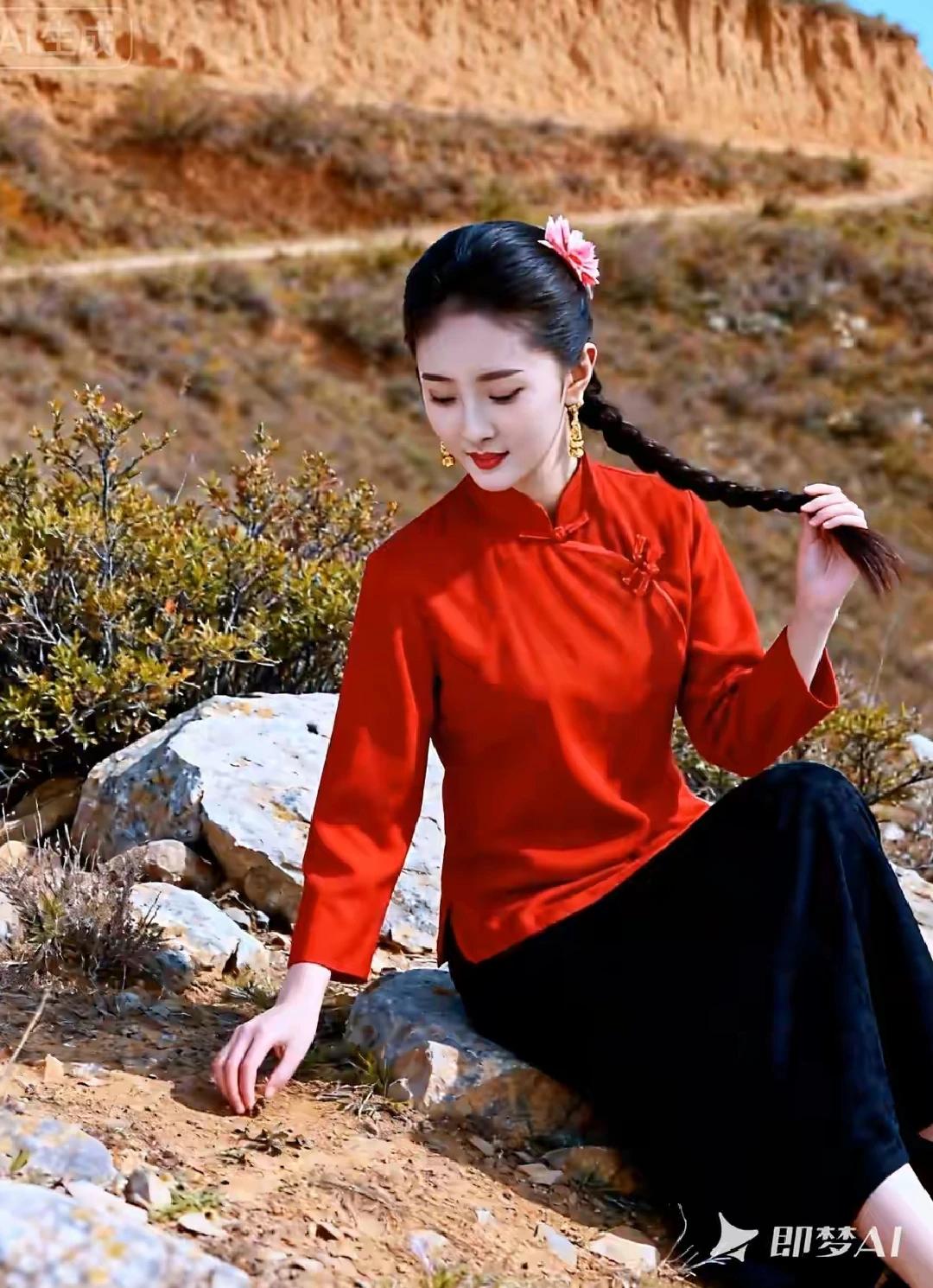 黄土高坡，中国红色
红衫墨裙，一抹惊艳
麻花长辫，绾着娇俏，
山野最艳，千娇百媚