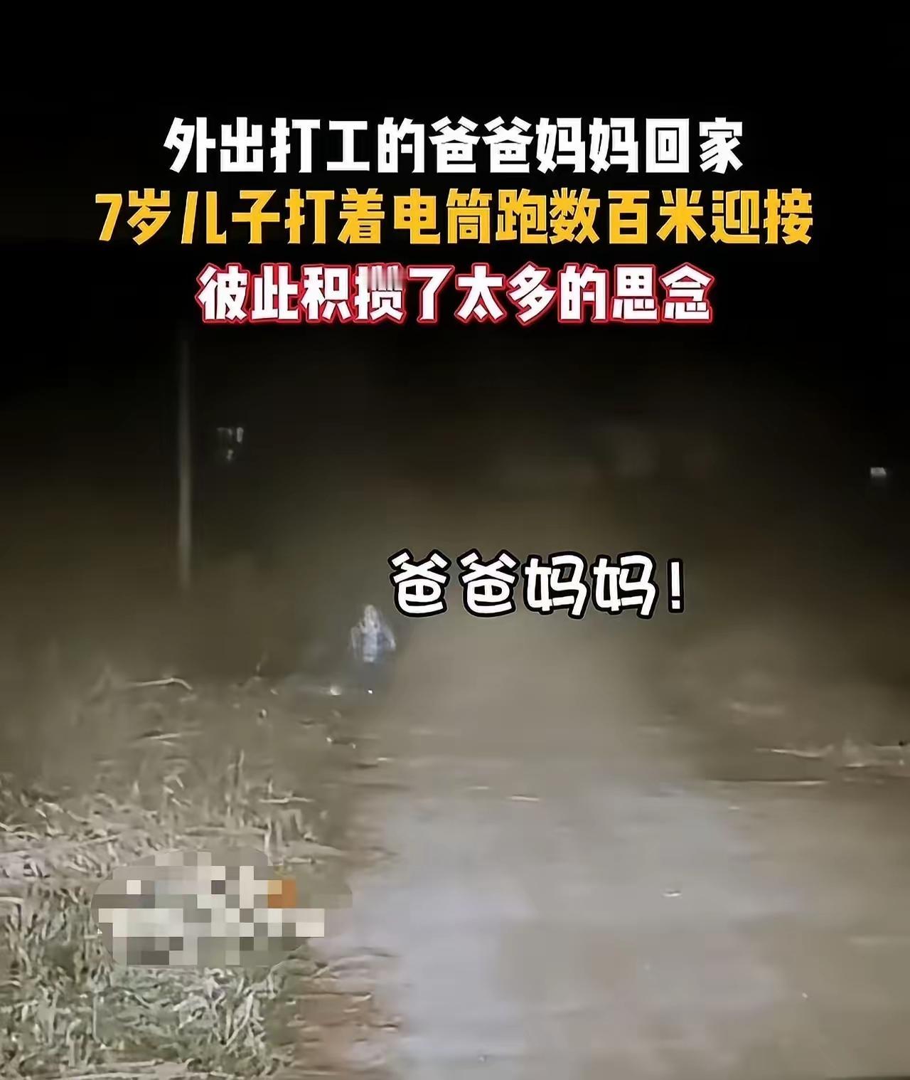 7岁娃打着手电跑数百米迎打工爸妈，这一幕让无数网友泪目：“这才是春节最该有的样子