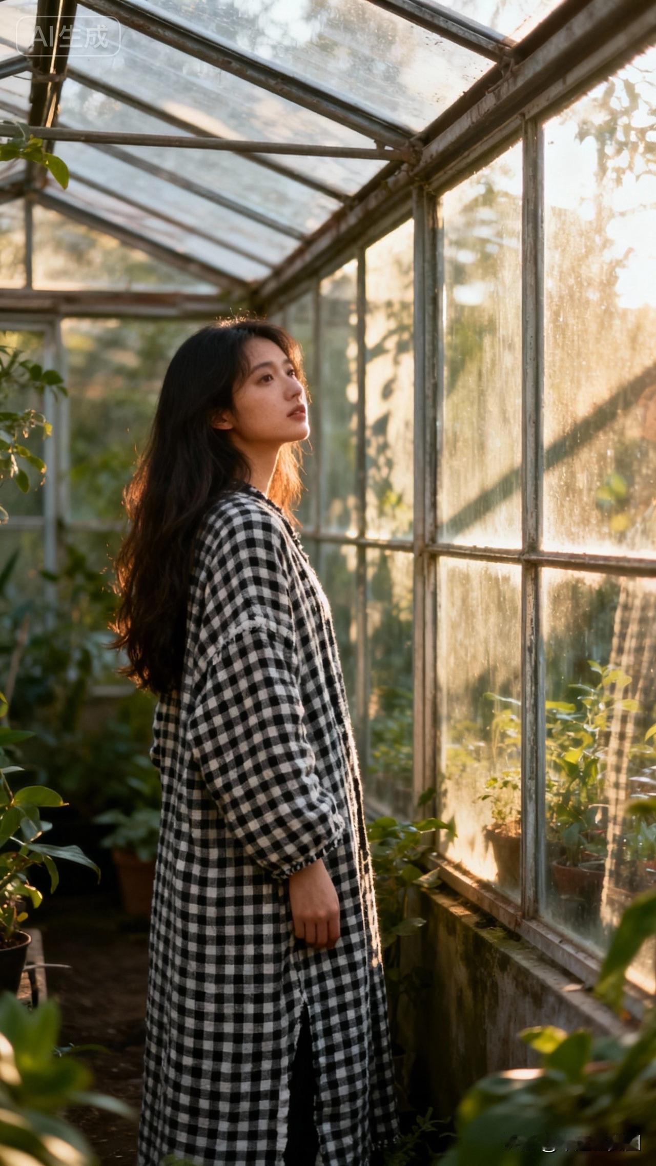 阳光洒进温室，黑白色调下的静谧时光