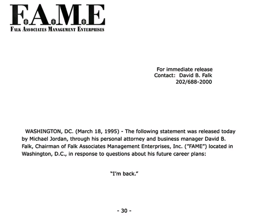 31年前的今天“I'm back.”迈克尔·乔丹宣布正式重返NBANBA