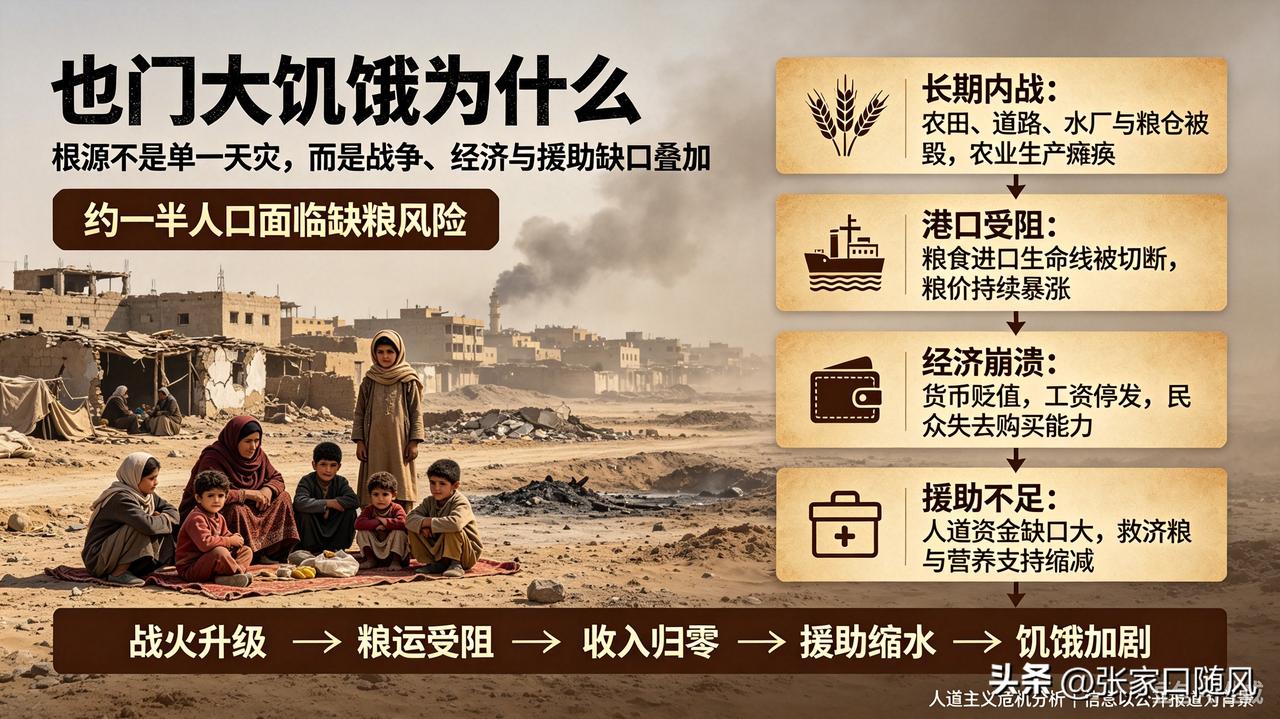 也门大饥荒不是天灾，而是人祸。也门大战，航运受阻，这战火洗礼让普通人更难生活下去