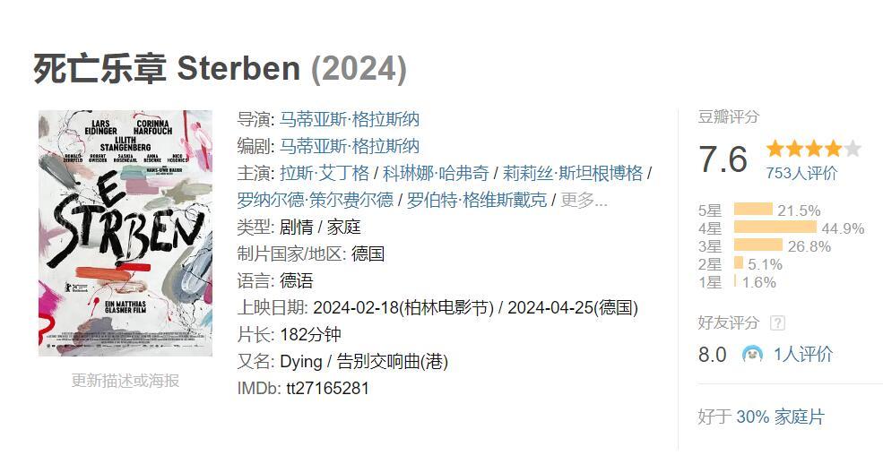 《死亡乐章》以章节形式分别从不同视角讲述了一家人的故事，电影长达3小时，有一些生