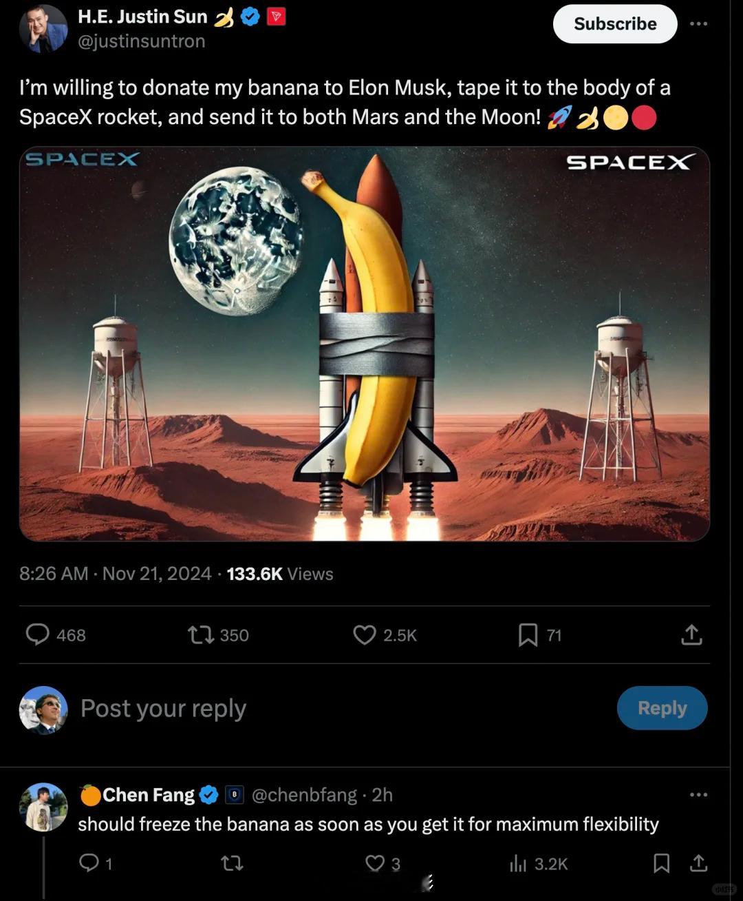 孙宇晨要把他的香蕉給马斯克，马斯克没理他孙宇晨说：我愿意将我的香蕉捐赠给埃隆·马