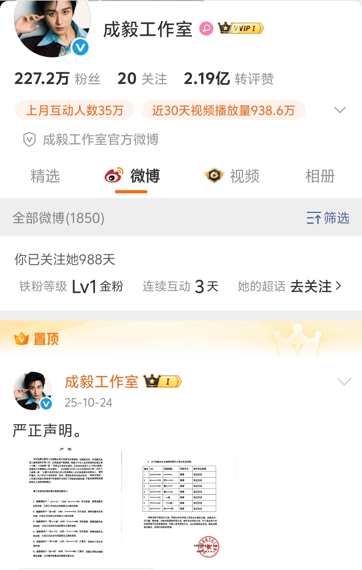 成毅申请强执黑粉 网络从来不是法外之地！成毅维权胜诉，被告正是工作室置顶告黑名单