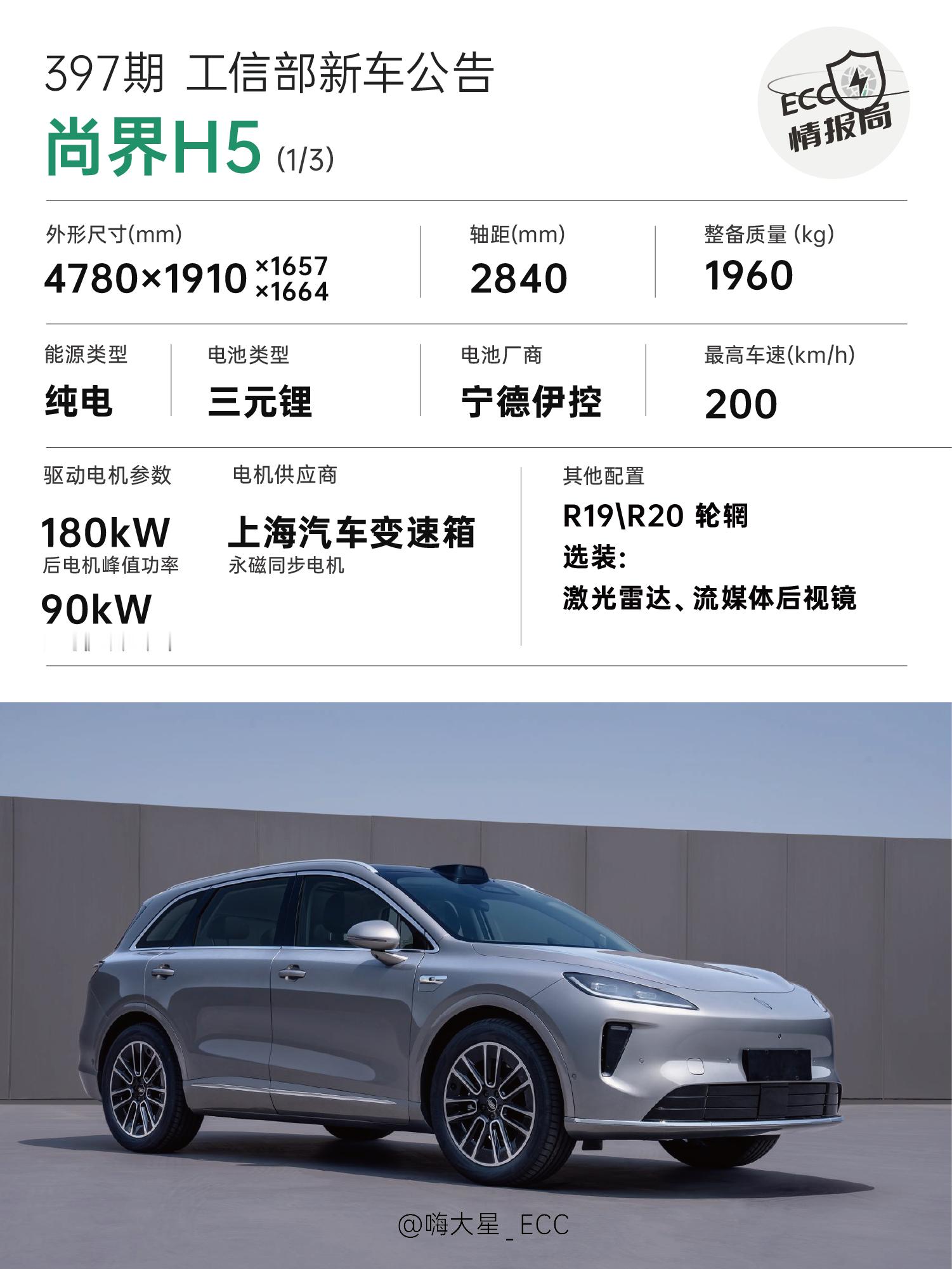 工信部新车公告「尚界H5」尚界周一释放出官图，让人们对它的外形有了一些基本的预期
