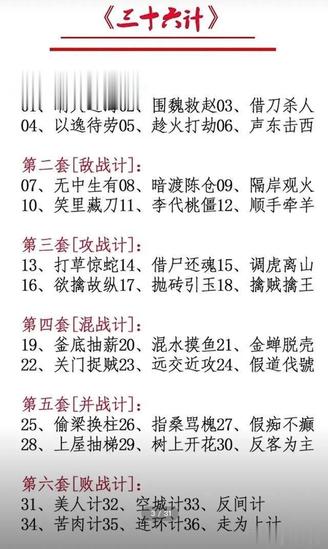 爱情“三十六计”中，都包含哪些计谋。

爱情“三十六计”共分为6套，每套包含6个