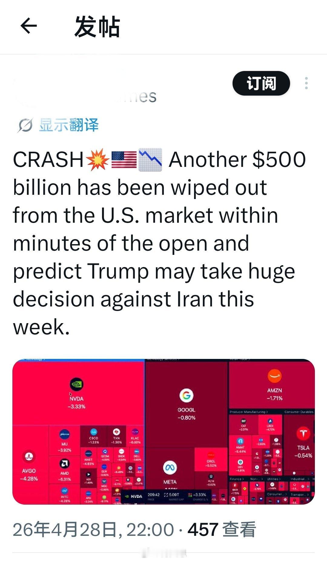 美股崩盘？美股开盘几分钟内又蒸发超过5000亿美元市值，并预测特朗普本周可能对伊