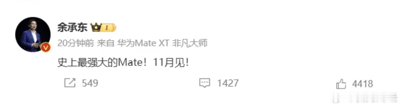 【余承东：“史上最强大Mate”来了！】11月4日，华为常务董事、终端BG董事长
