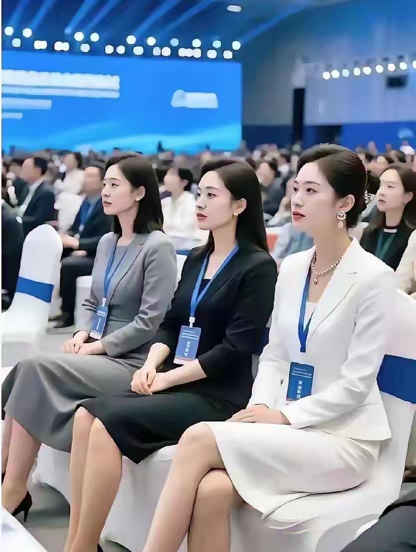 不知道这三位美女是工作人员，还是正式会议代表。
坐在那里，好有气质。
前面挂牌上