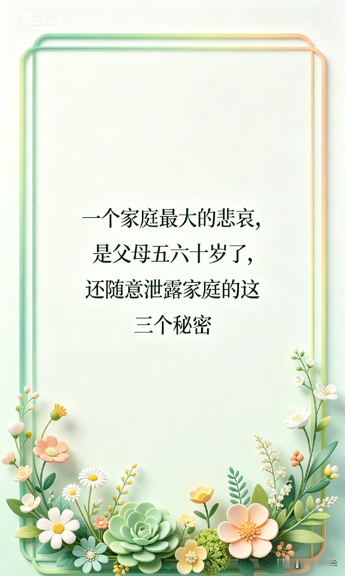 一个家庭最大的悲哀，是父母五六十岁了，还随意泄露家庭的这三个秘密。

一个家庭最