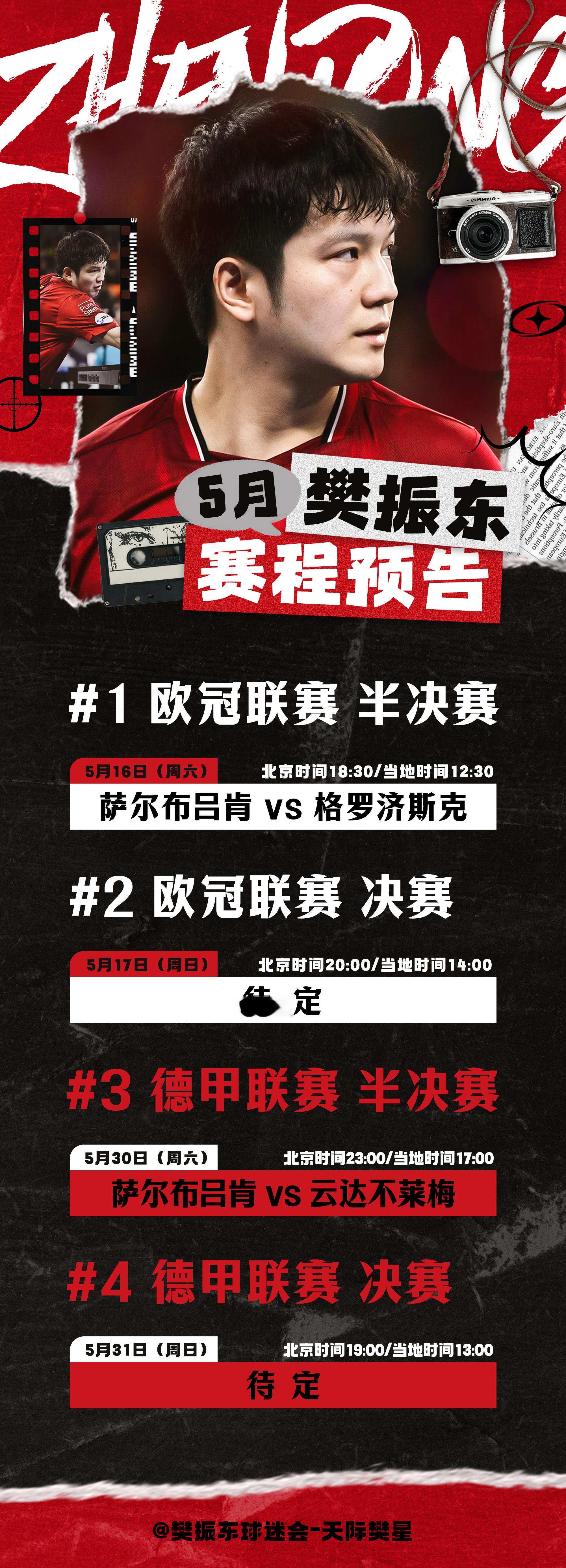 2025-2026德甲联赛2025-2026欧冠联赛【樊振东5月赛程】本月德甲联