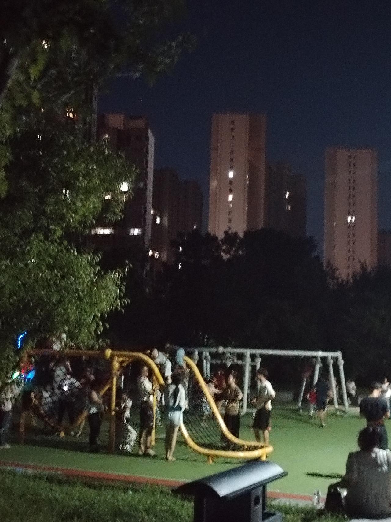 左天晚上吃过晚饭，和临居去公园散步，走几圈之后，在公园长椅上座下闲聊时，看到这场