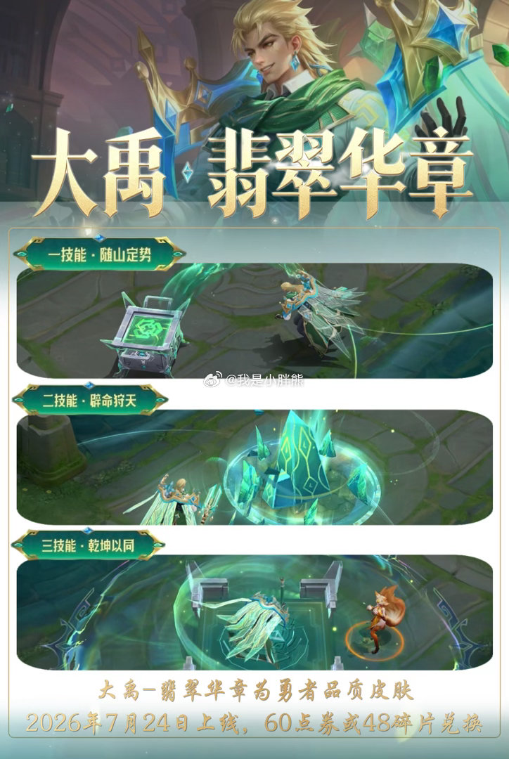 大禹新皮肤7月24日上线，可60点券秒，也可以48皮肤碎片换大禹新皮肤翡翠华章皮