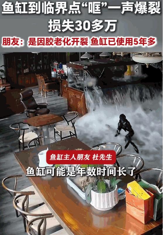太惨了！6月15日报道，江苏无锡，一男子家的大型鱼缸在装满整整4吨水后，毫无征兆