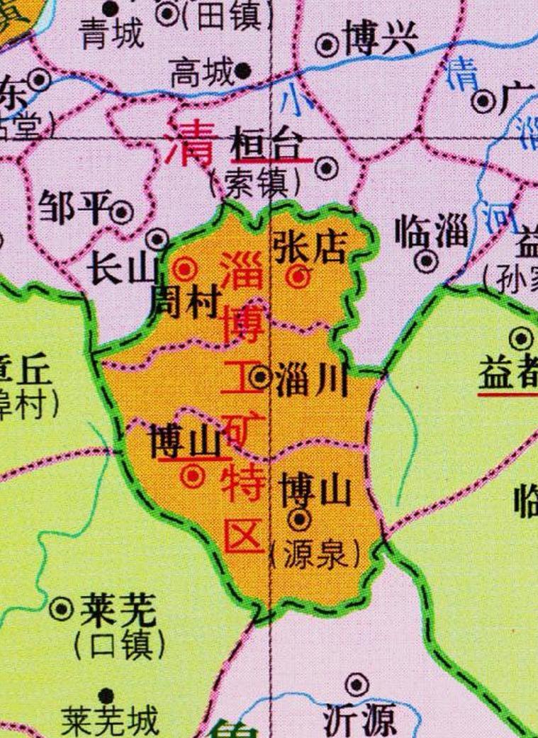 看着地图学历史（3）
淄博工矿特区地图：当时设淄博市和张周市？，淄博市政府驻地在