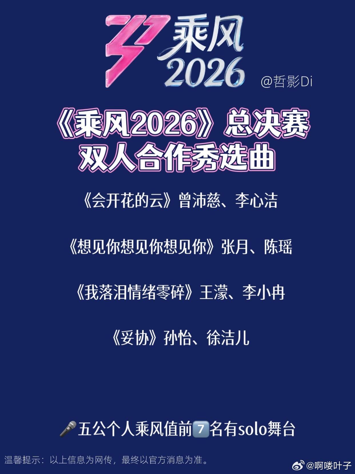 🌸《乘风2026》网传乘风之夜分组及选曲🌸分组及团秀选曲曾沛慈团：《Knoc