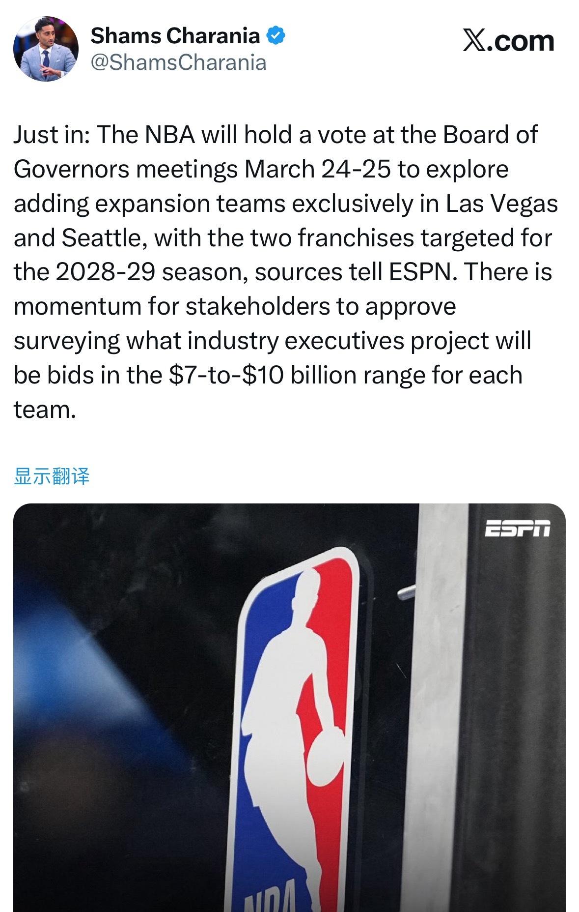 Shams：NBA 将于3月24日至25日召开董事会会议进行投票，探讨在拉斯维加