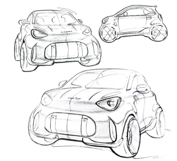 smart 精灵2 原型概念车草图及细节图公布，采用哑光白与金色撞色设计，辨识度